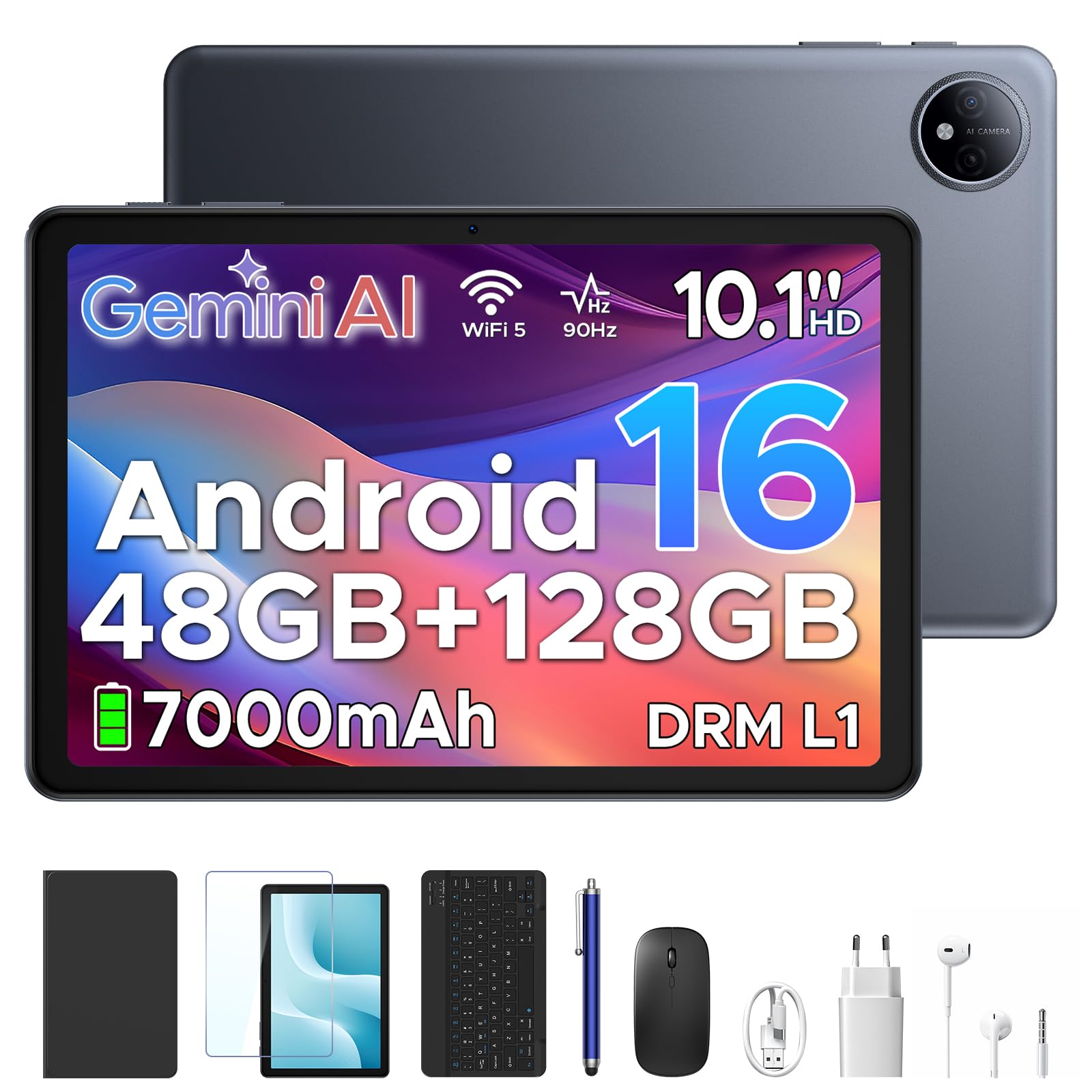 P10 Tablet Android 16, Tablet 10 Pulgadas 48GB RAM+128GB ROM/2TB TF, Gemini AI, 90Hz Screen, 7000mAh, 5W OTG, 5G WiFi, Face ID, OTG, GPS, 3.5mm, Widevine L1, Tableta con Teclado y Lapiz, Gris