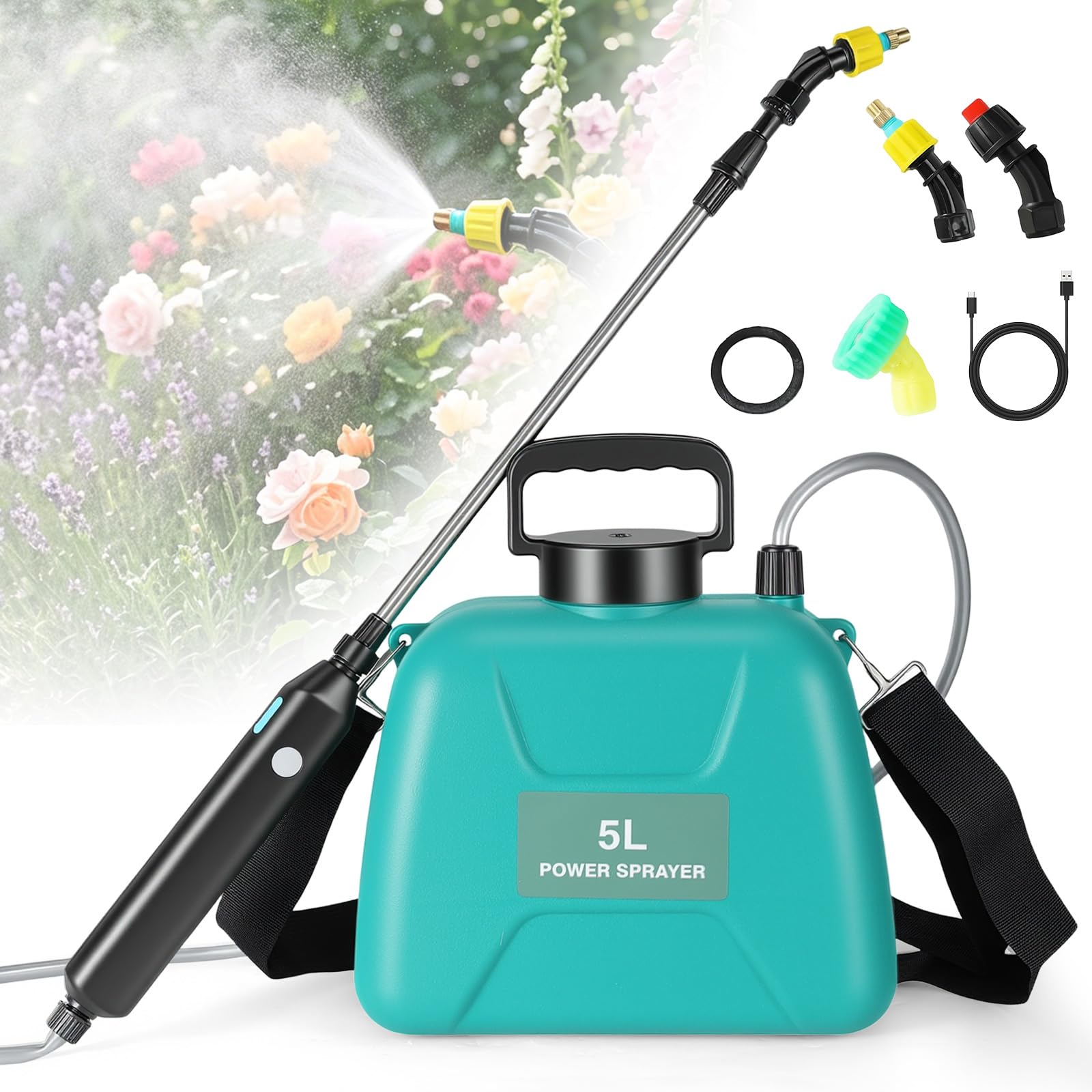 Pulvérisateur électrique 5L,Pulverisateur de Jardin Télescopique Rechargeable avec 2 Buses, Capuchon à Large Bouche,2400mAh Batterie Rechargeable par USB,Pulvérisateur de Plantes pour Jardin (B)