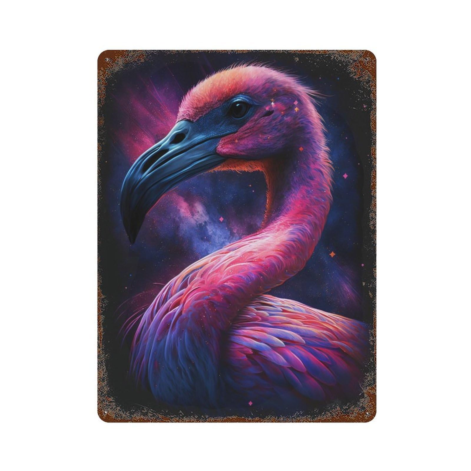 Garage Style Cosmic Flamingo Art Print-13 Rustic Tin Plaque 15.7"x11.8", Vintage Wall Decor for Bar And Workshop