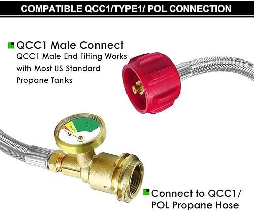 Miniatura 3 de Manguera de extensión de tanque de propano mejorada de 12 pies trenzada con calibre, incluye adaptador de tanque que convierte el tanque POL LP de