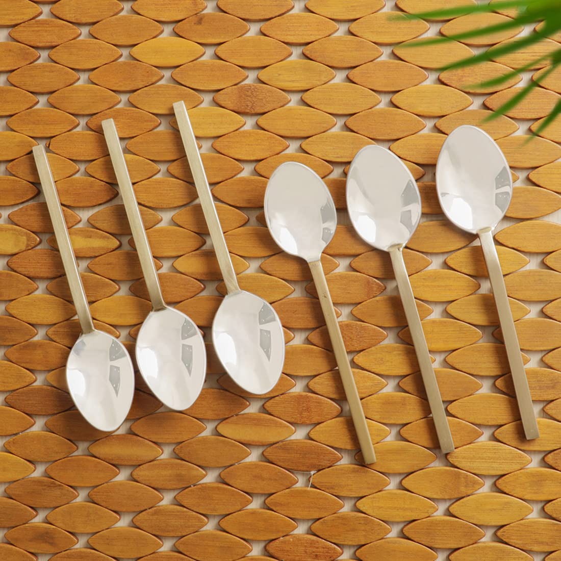ExclusiveLane 'Splendid Enigma' Stainless Steel & Brass Handcrafted Spoon Set for Dining Table (Silver & Bronze, 6 Pieces), (L x W x H) = (7.4 x 0.9 x 0.8) Inch, (EL-005-1323)