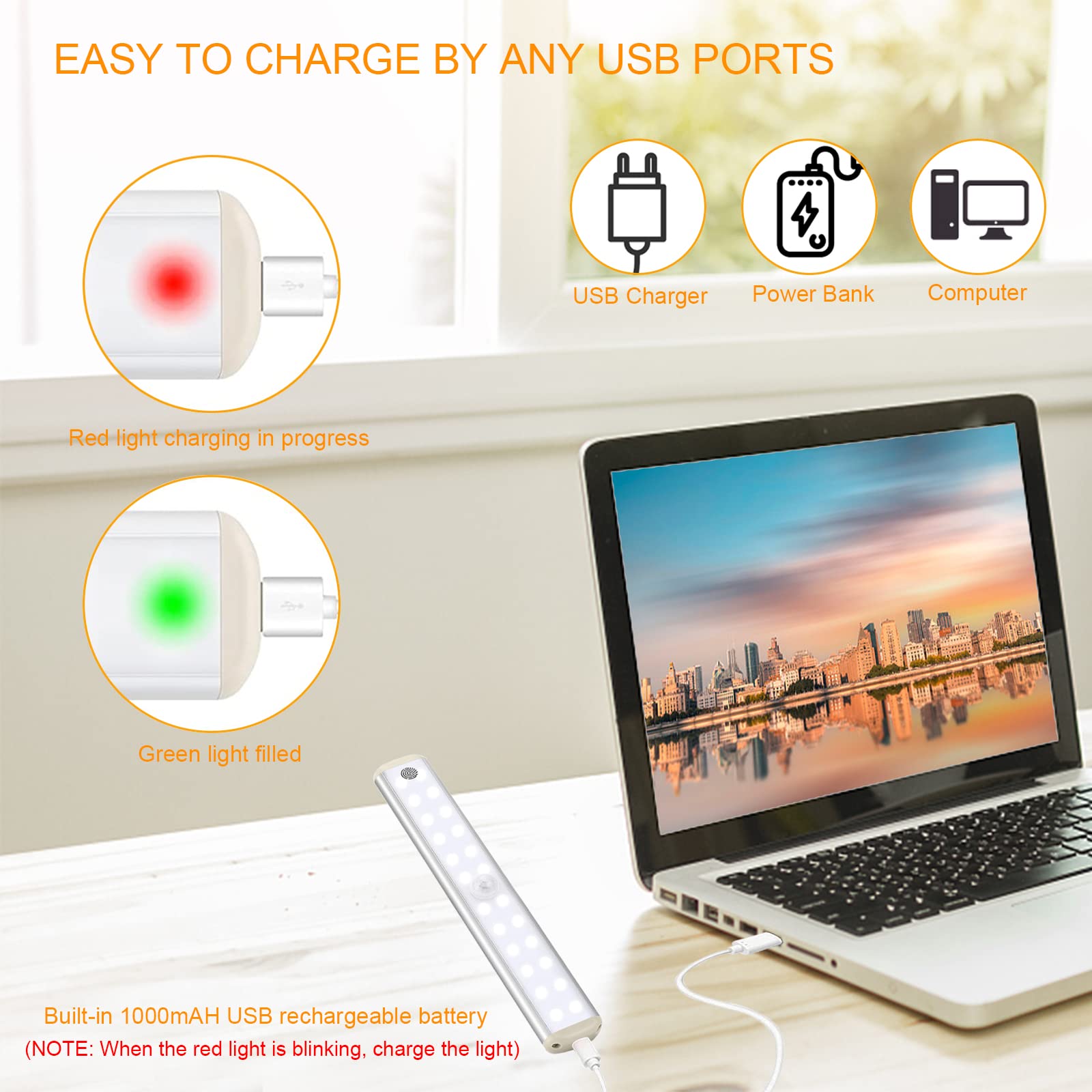 Lampy szafki z czujnikiem ruchu, Led pod szafką kuchenną, oświetlenie szafki z możliwością ładowania USB z samoprzylepnymi paskami magnetycznymi (24 białe światła dotykowe × 3)