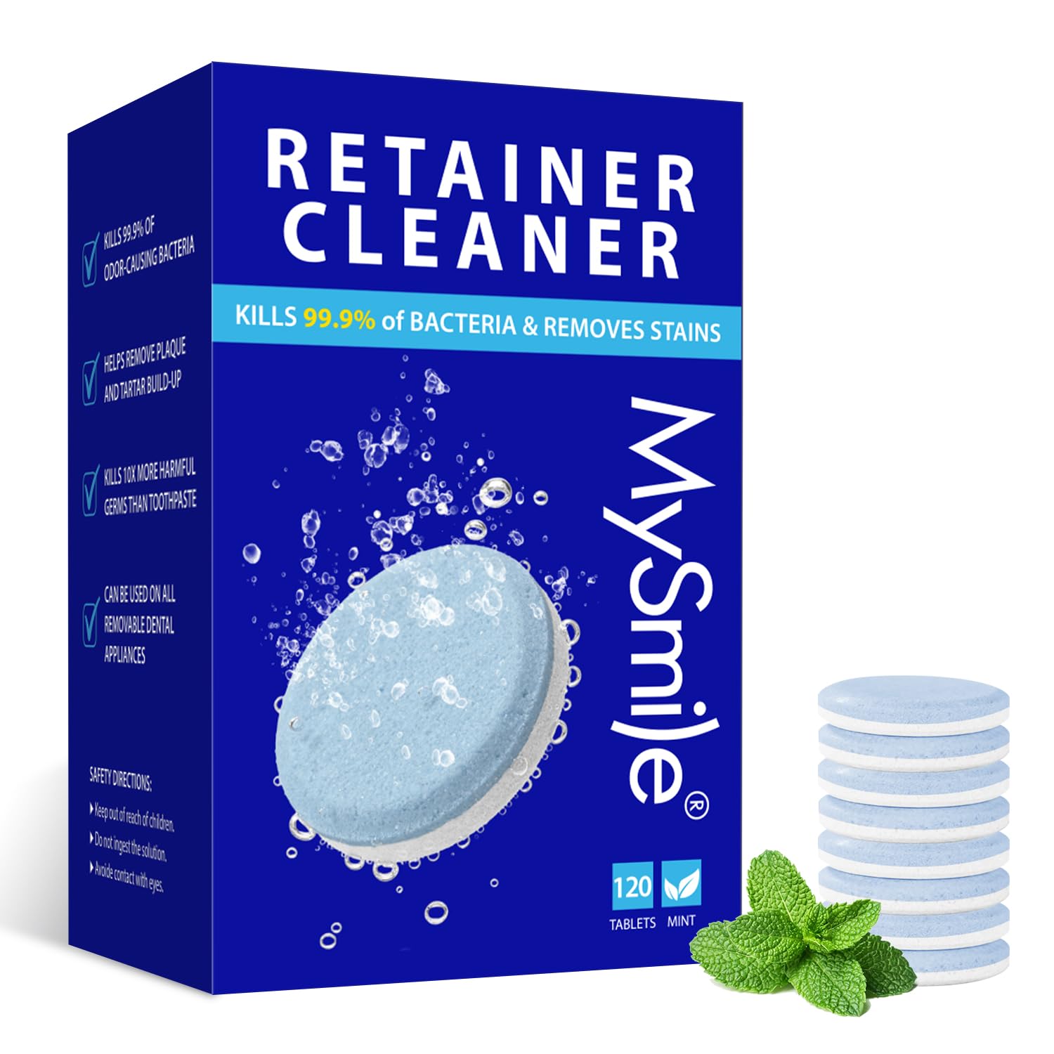 MySmile Limpiador de retenedores con 120 pastillas de limpieza de prótesis, elimina rápidamente olores, manchas de decoloración y placa del alineador, protector bucal, protector nocturno y más