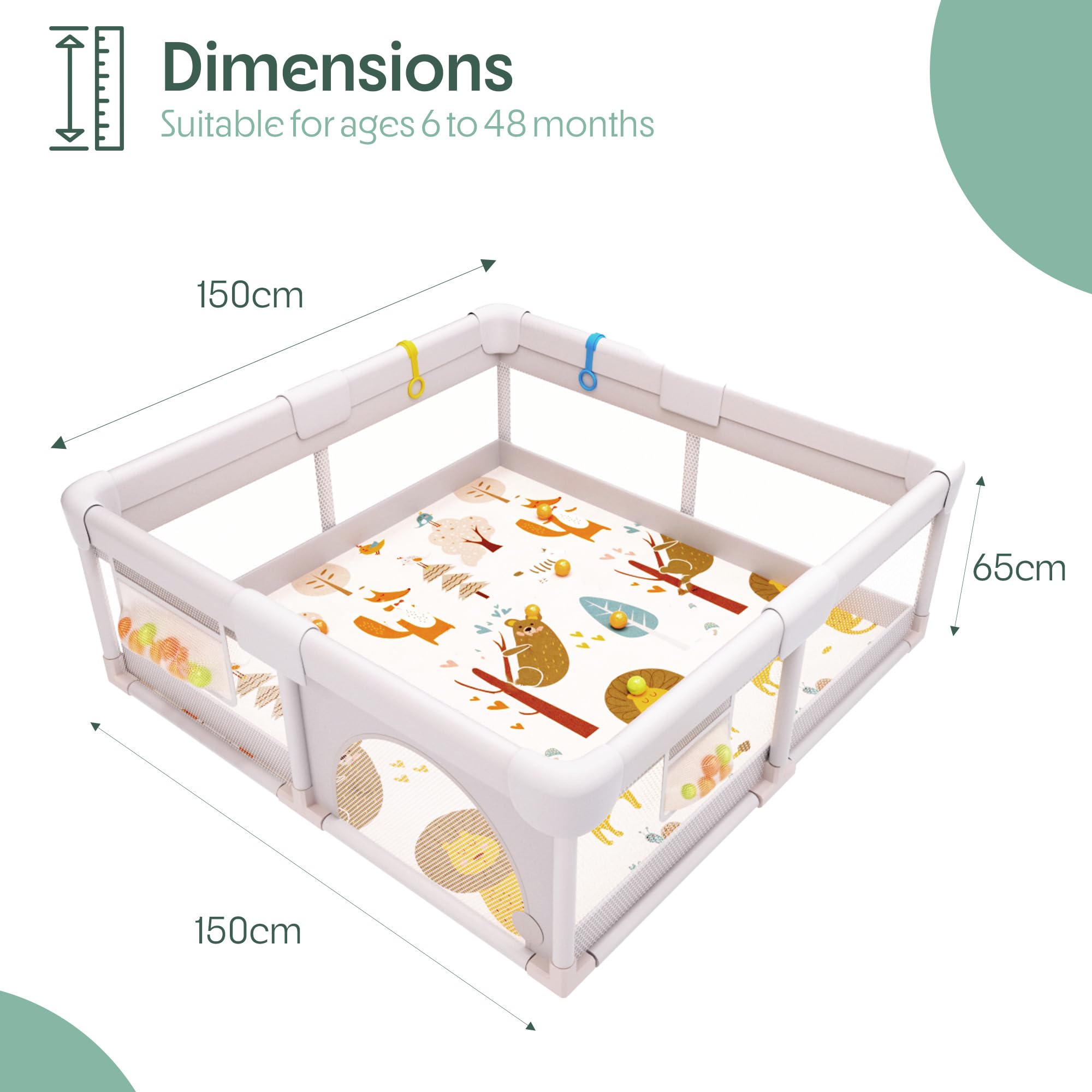 Parque Infantil Bebe, Corralito Bebe, 150x150cm, Parque Infantil Bebe Acolchado con Esterilla Acolchada Reversible, Malla Transpirable, Sonajero, Bolas para Jugar, Anillas de Tracción, Portable