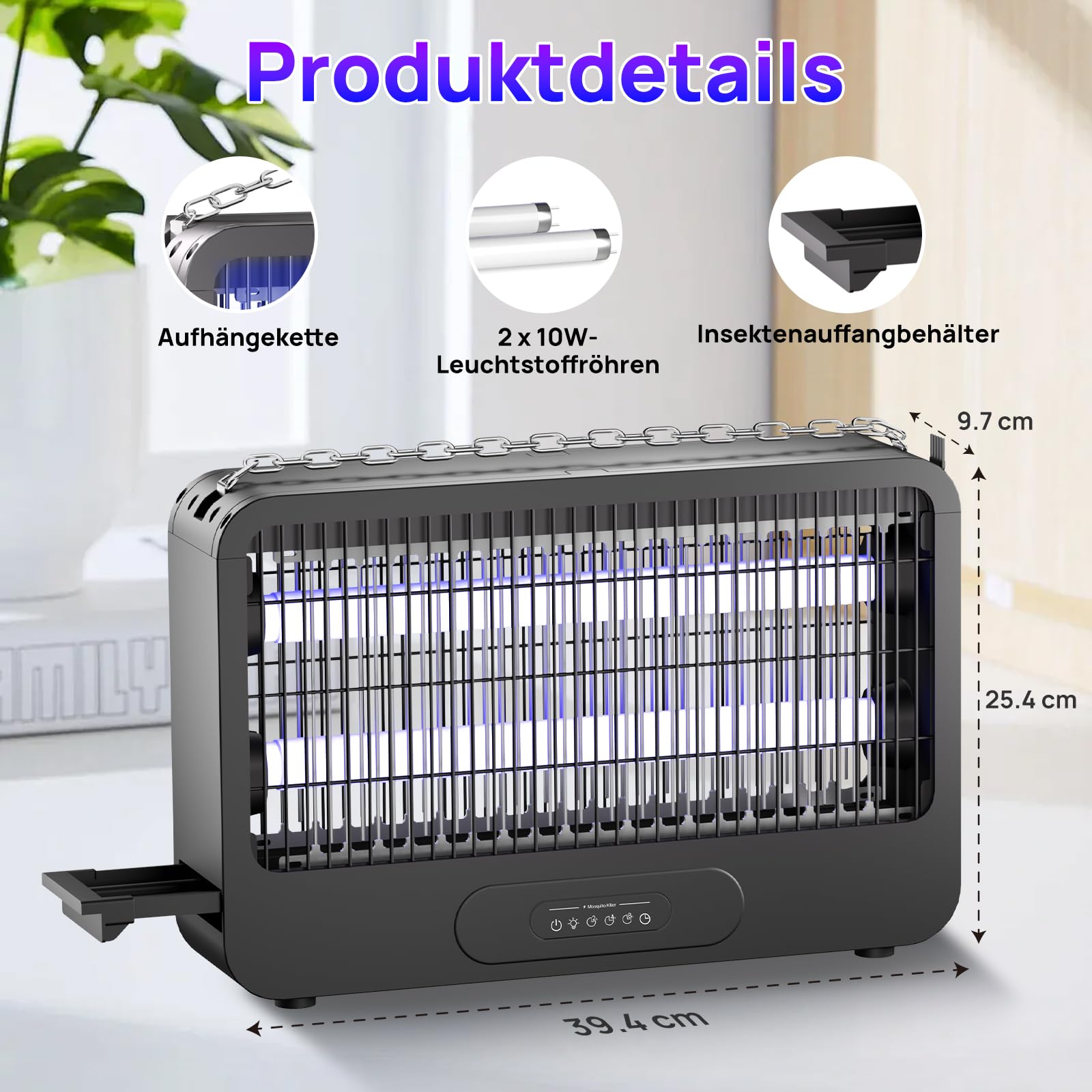 Elektrischer Insektenvernichter 20W 3500V UV elektrische Fliegenfalle & Fliegenfänger mit Fernbedienung und Timer, Insektenfalle Mückenlampe für Innen, Küche, Wohnzimmer und Garten, 2 Ersatz-UV-Lampen