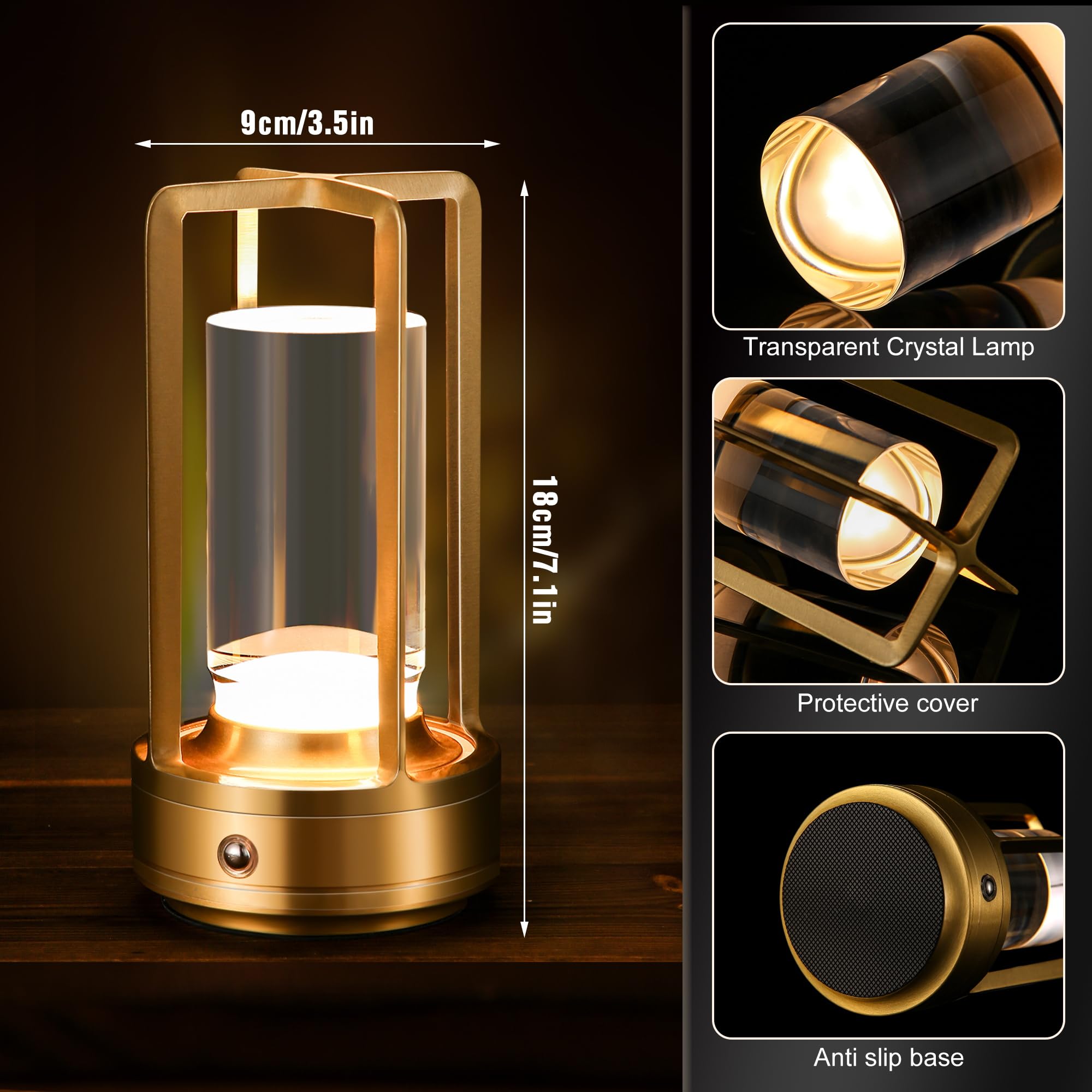 Lámpara de mesa portátil de metal, lámpara de mesa inalámbrica, luces recargables a pilas, lámparas de mesa LED, toque de atenuación continua de 3 colores, para dormitorio, restaurante, hogar, 4