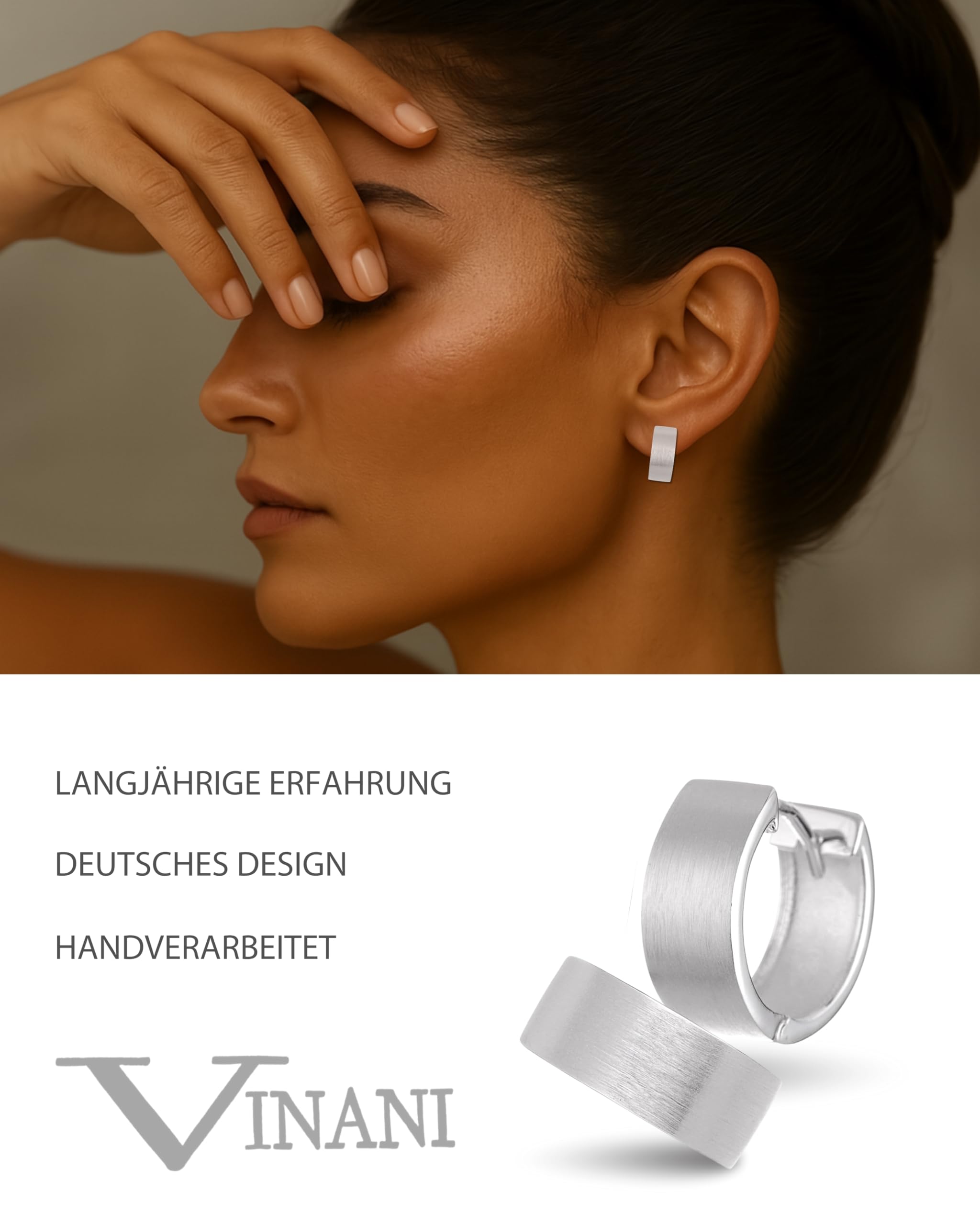 VINANI Klapp-Creolen aus 925 Sterling Silber I Nickelfreie Ohrringe für Damen I Rund mattierte Oberfläche mit Anlaufschutz I Allergikerfreundlich I Handarbeit in Juweliersqualität I CMB