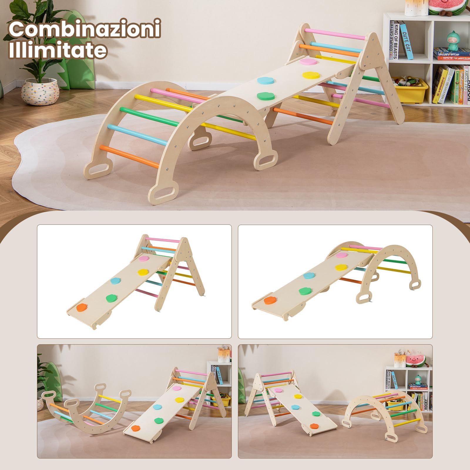 RELAX4LIFE 4 in 1 Triangolo da Arrampicata con Scivolo per Bambini, Arco da Arrampicata e Scala per Arrampicarsi in Legno, Montessori Giocattoli Bimbi 2 3 4 5 Anni