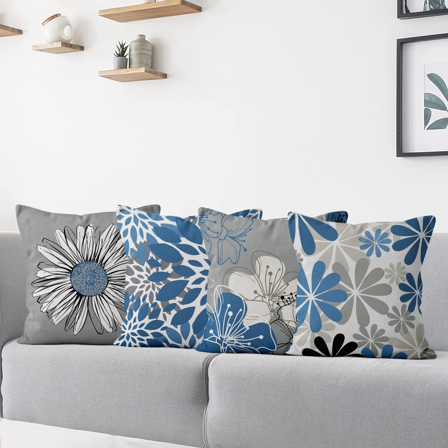 Set di 2 federe decorative per cuscini con ortensia, motivo primaverile botanico blu, decorazione artistica floreale per casa, divano, 50 x 50 cm