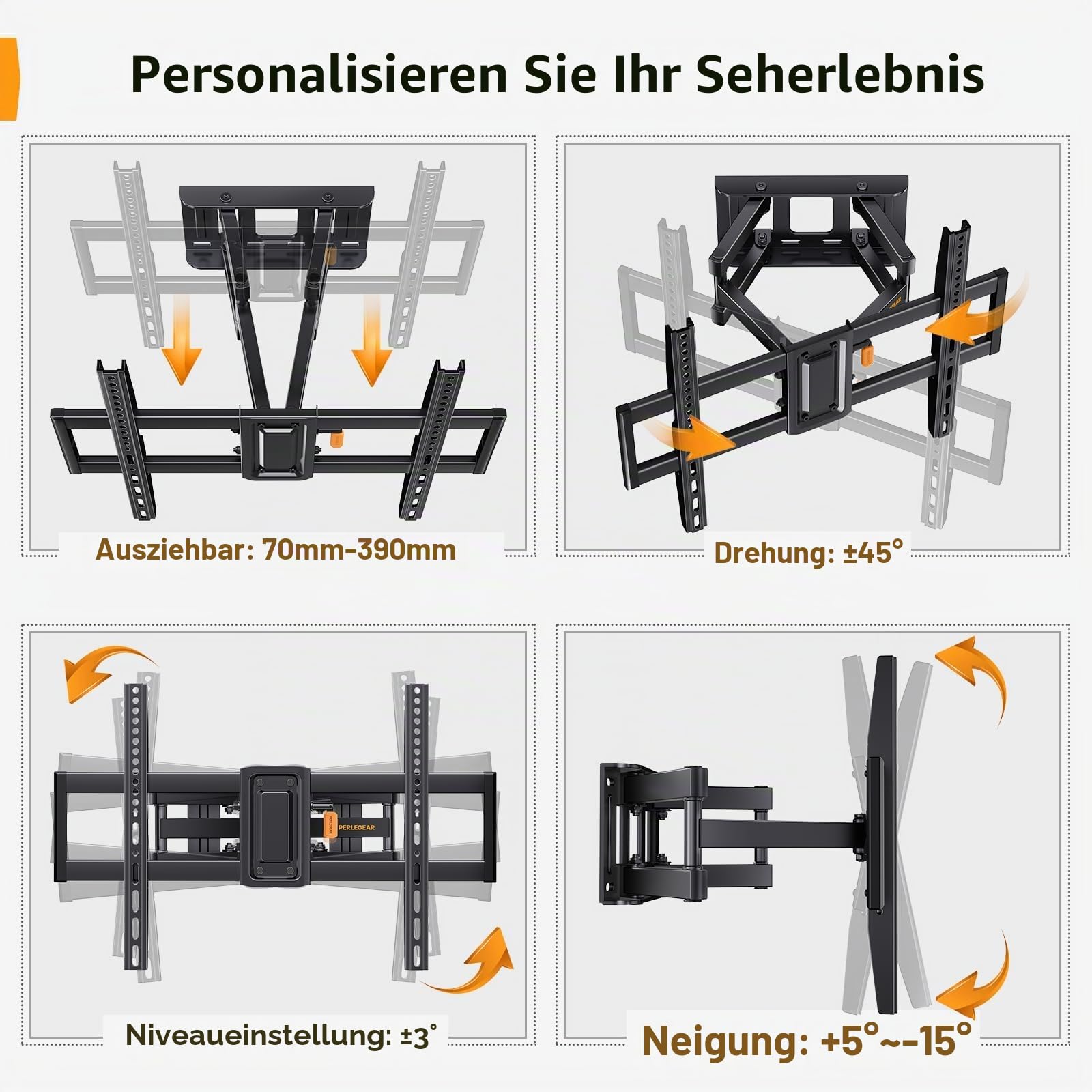 Perlegear TV Wandhalterung Schwenkbar, Ausziehbare Neigbare TV Halterung für 37-82 Zoll Flach & Curved Fernseher bis zu 60kg, Wandhalterung Fernseher max.VESA 600x400mm