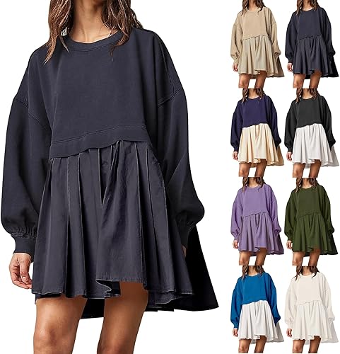 Jielayou Vestido de sudadera de gran tamaño para mujer, manga larga, retazos, cuello redondo, sin botones, para otoño, plisado, mini vestido