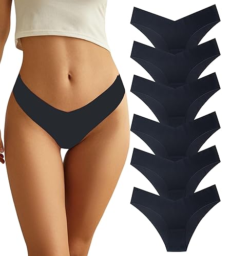 Beafulrab Women Seamless Underwear No Show Stretch Bikini Invisibles Hipster V Cut Panties 6 pack Black 6P2-S-NEW1