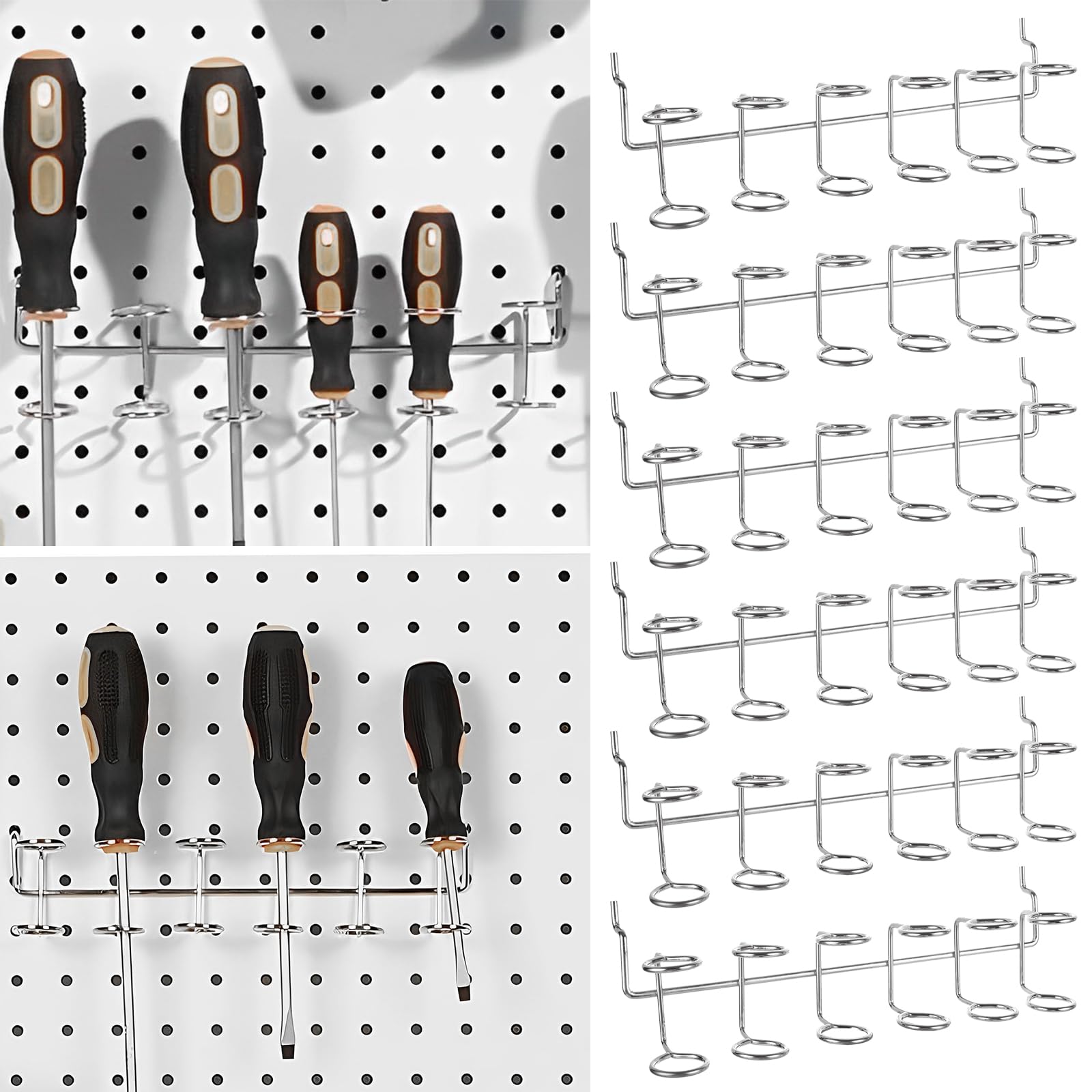 LDXDRU 8Pcs Pegboard Screwdriver Holders, Stainless Steel Pegboard Pliers Holders, Peg Board Organizer Accessories, 6 Ring for Pegboard, Pliers(Silver), Sliver
