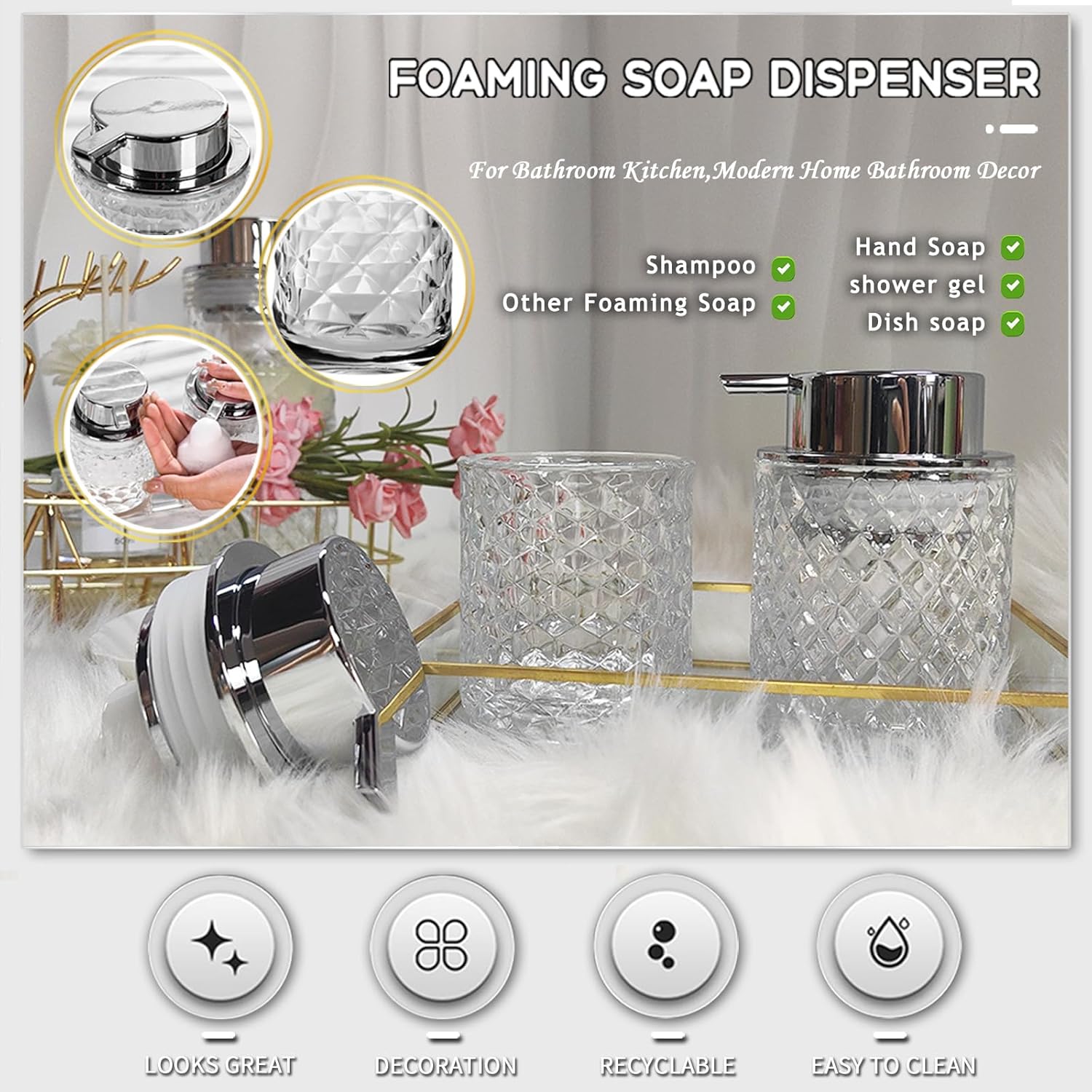 Glass Hand Foaming Soap Dispensers with Silver Pump Refillable Hand Soap Dispenser for Bathroom Kitchen (1Pack-D884) - Image 6