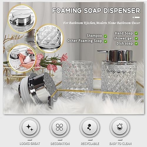 Miniatura 6 de Dispensadores de jabón espumoso de manos de vidrio con bomba plateada dispensador de jabón de manos recargable para baño cocina (paquete de 1-D888)