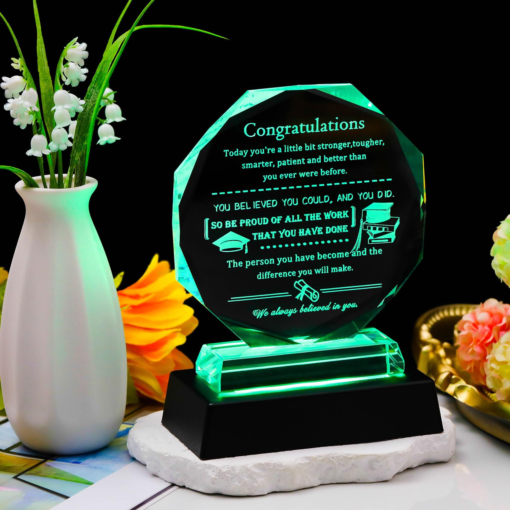 Movdyka College Graduation Gifts for Her Him Cool Glass Keepsake Class of 2025 Present for High School Masters Degree Phd Graduation Gifts for Women Men with Colorful Led Base