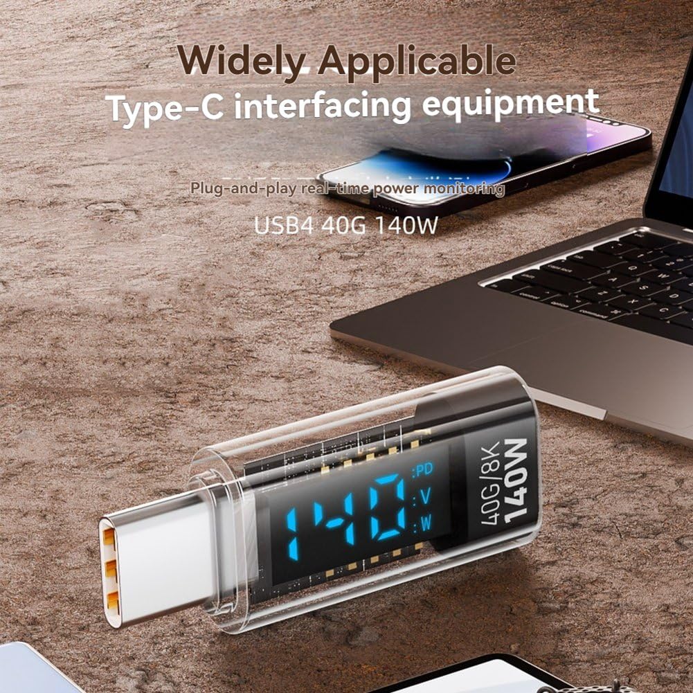 Adapter USB C z Wyświetlaczem LED 140 w 40 Gb/S 8K Rozszerzenie USB C PD3.1 Złącze C Miernik C Czarny