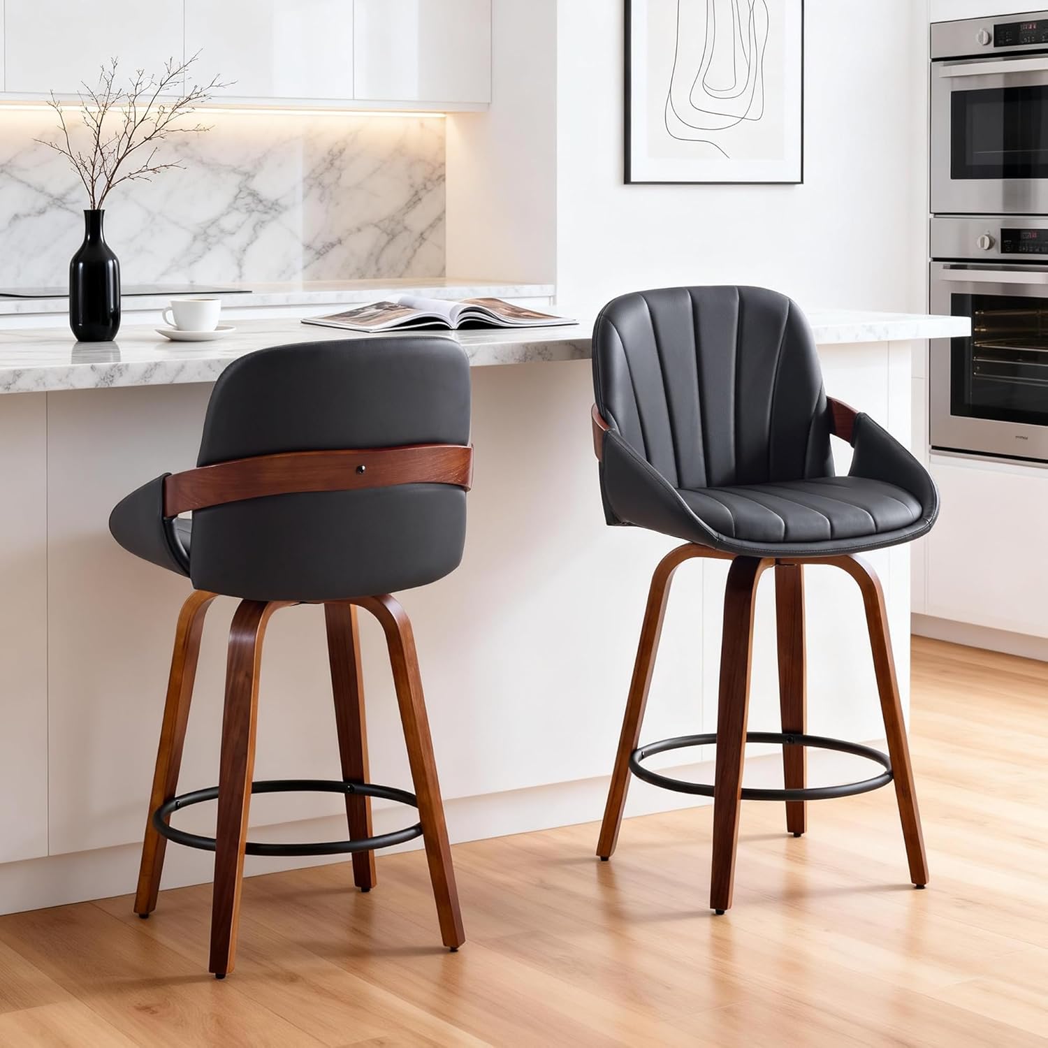 Mid Century Modern Bar Stools Set of 2, 26 Inch Swivel Stools with Upholstered Seat, Curved Back & Bentwood Legs for Kitchen Island, Breakfast Bar, Home, Office，White