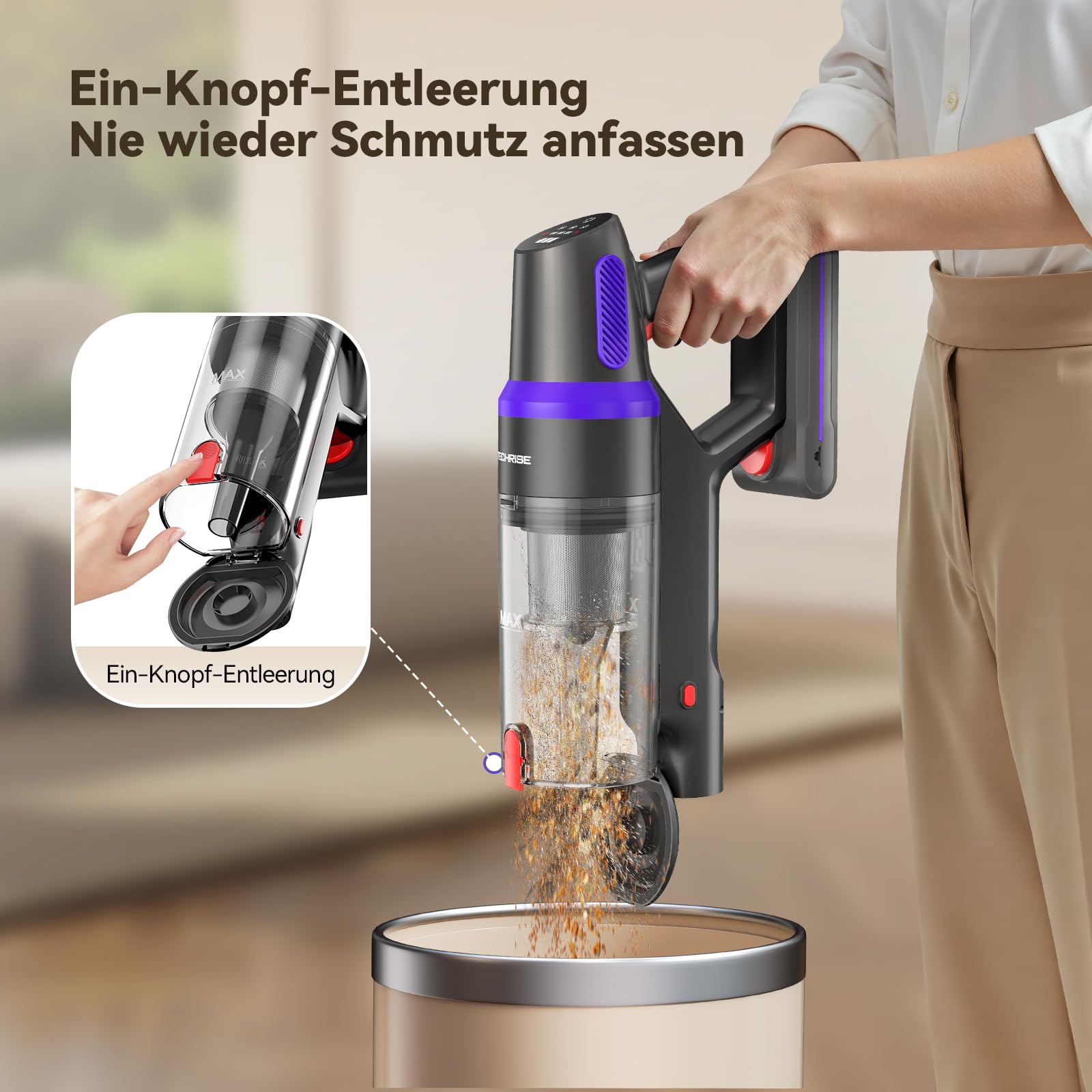 TechRise 8-in-1-Funktion Akku Staubsauger 45000Pa/500W/60Min, Display | Anti-Tangle-Bürste, Staubsauger Kabellos mit Display, Stielstaubsauger für Zuhause, Tierhaare/Teppiche/Hartböden