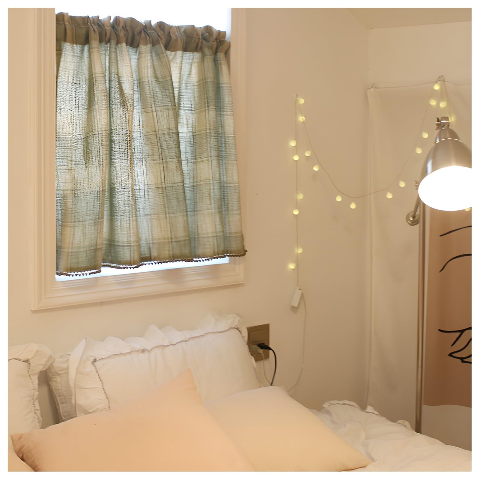 Tenda Corta a Quadri Verdi Boho per Piccole Finestre, Mezza Tenda Moderna con Bordini in Perline, Pannello per Finestra Semi-Oscurante con Tasca per Asta per Cucina, Camino(W135xH100cm/W53xH39inch)