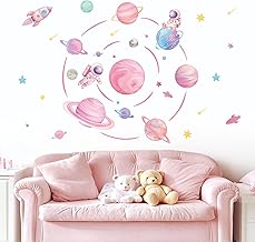 Pastel Pink Space Rocket Astronaut Wall Stickers Removable Peel and Stick for Girls Bedroom Baby Room Kids Room
