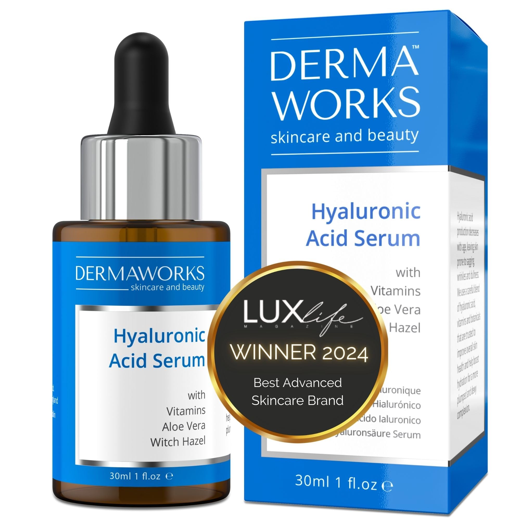 HYDRO INTENSE HYALURONIC ACID SERUM Acido Hialuronico + Vitamin C, Aloe Vera & Witch Hazel - Vitamin Illuminating Serum for Face - Hydrating Hyaluronic Acid Moisturizer, Pore Minimizer by DERMAWORKS