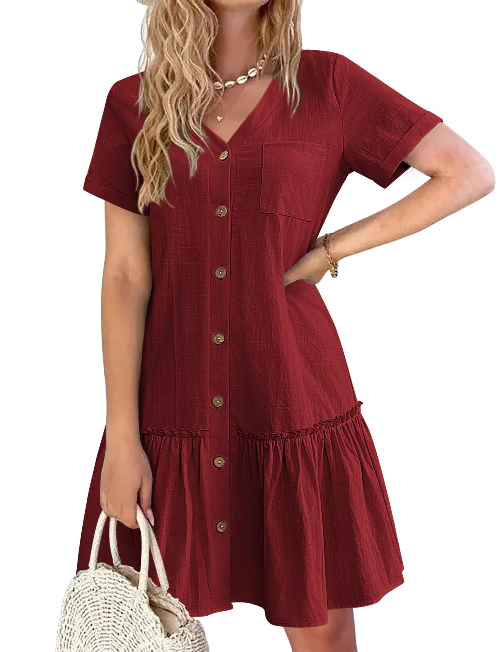 Hotouch Sommerkleid Damen Button Down Leinenkleid Strandkleid Casual V-Ausschnitt Minikleid Kurzarm A-Linie Kleid Rüschenumschlag Kleider