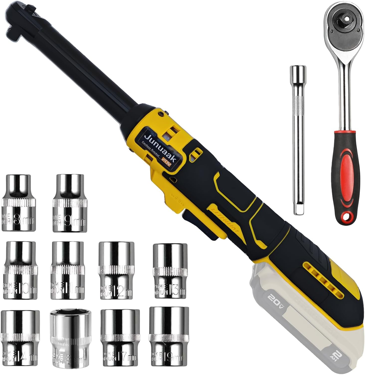 3/8" Extended Cordless Ratchet Wrench for De-Walt 20V MAX Batteries(No Battery) 6"Extension Bar Power Electric Ratchet Driver with Variable Speed 60Ft-lbs Cordless Ratchet 10 Sockets with led light