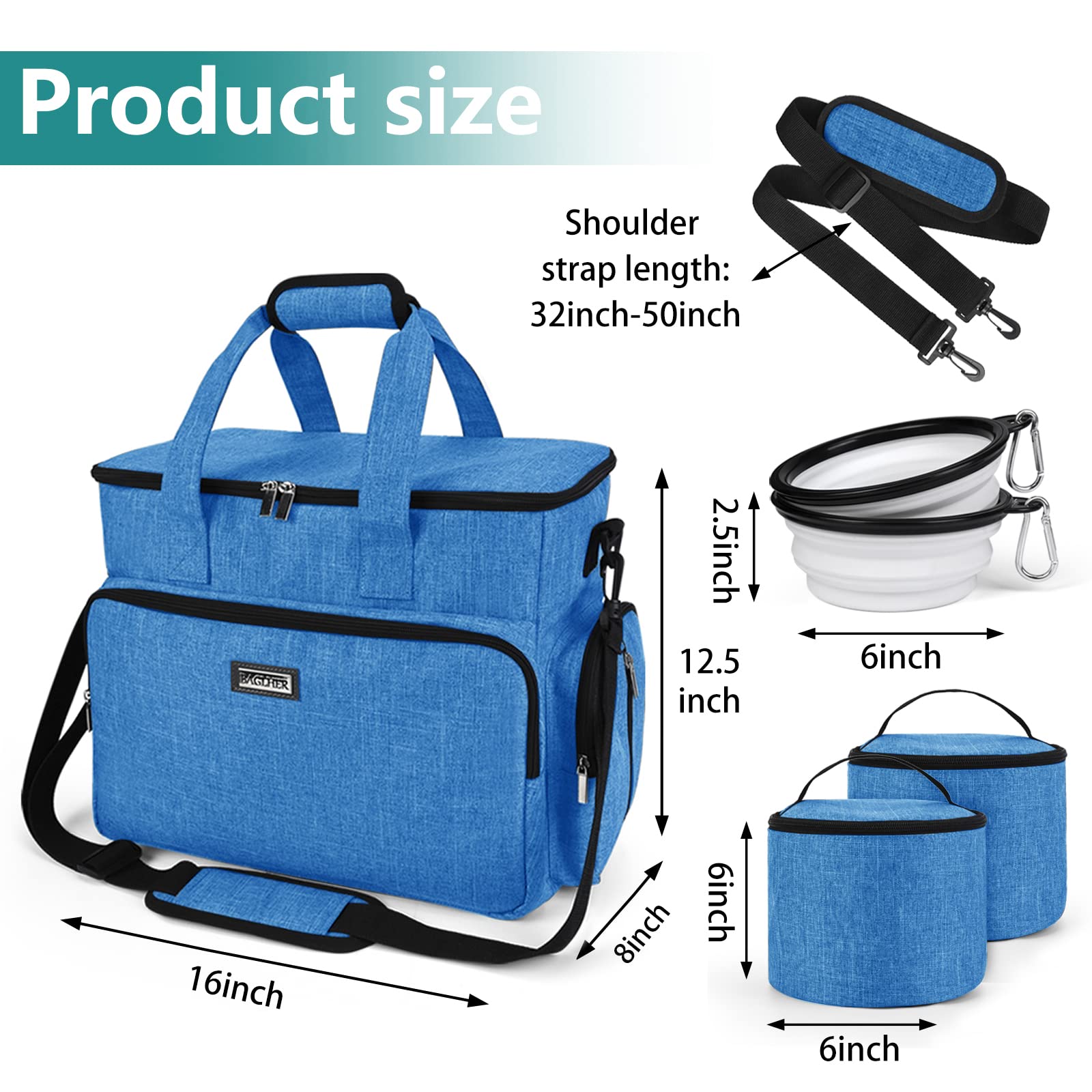 BAGLHER Hundetasche, Haustier-Reisetasche (alle Haustier-Reisebedarf), mit 2 Haustierfutterbehältern und 2 faltbaren Silikonnäpfen; unverzichtbares Set für Haustierreisen, Blau