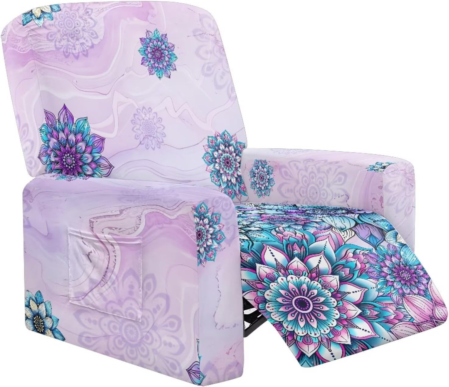 FOR U DESIGNS Boho Floral Light Purple Non Slip Reclining Chair Cover 4-Pc Breathable Slipcovers Easy Install Universal Fit for Small Recliners Storage Pocket Pet Hair Resistant