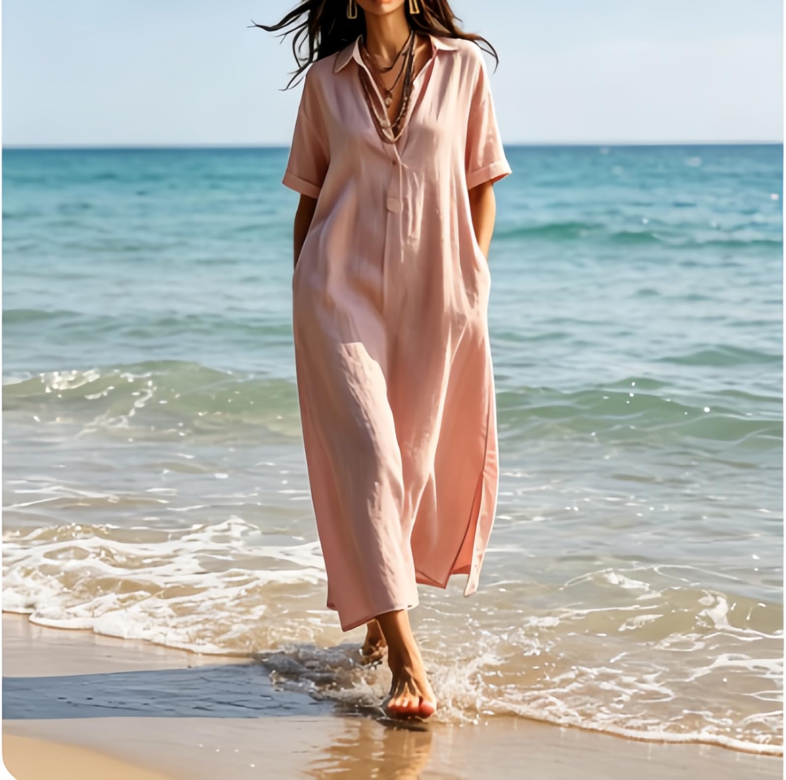 Generico Maxi Abito da Donna con Scollo a V, Colletto risvoltato e Spacco – Abito Casual con Tasca, Ideale Come Copricostume per Le Vacanze estive
