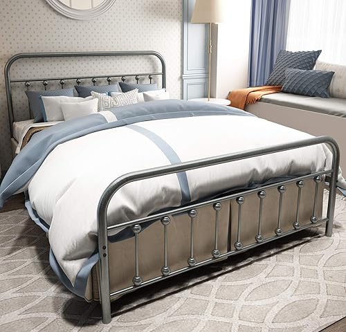 TEMMER - Cama con estructura de tubos de metal de tamaño queen con cabecera piecera y base de colchón de plataforma única 8013 8033 8018