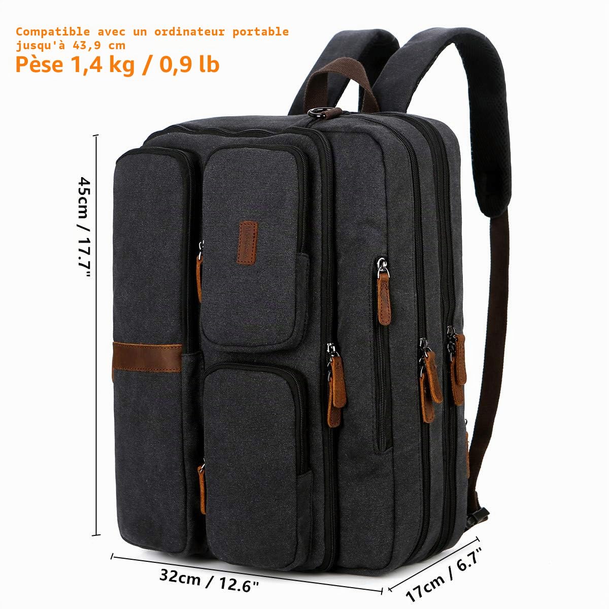 Baosha Sac à main 3 en 1 en toile et cuir convertible pour ordinateur portable - Sac à dos multifonction pour ordinateur portable de 15,6 à 17,3" - Pour homme/femme - BC-11, Noir