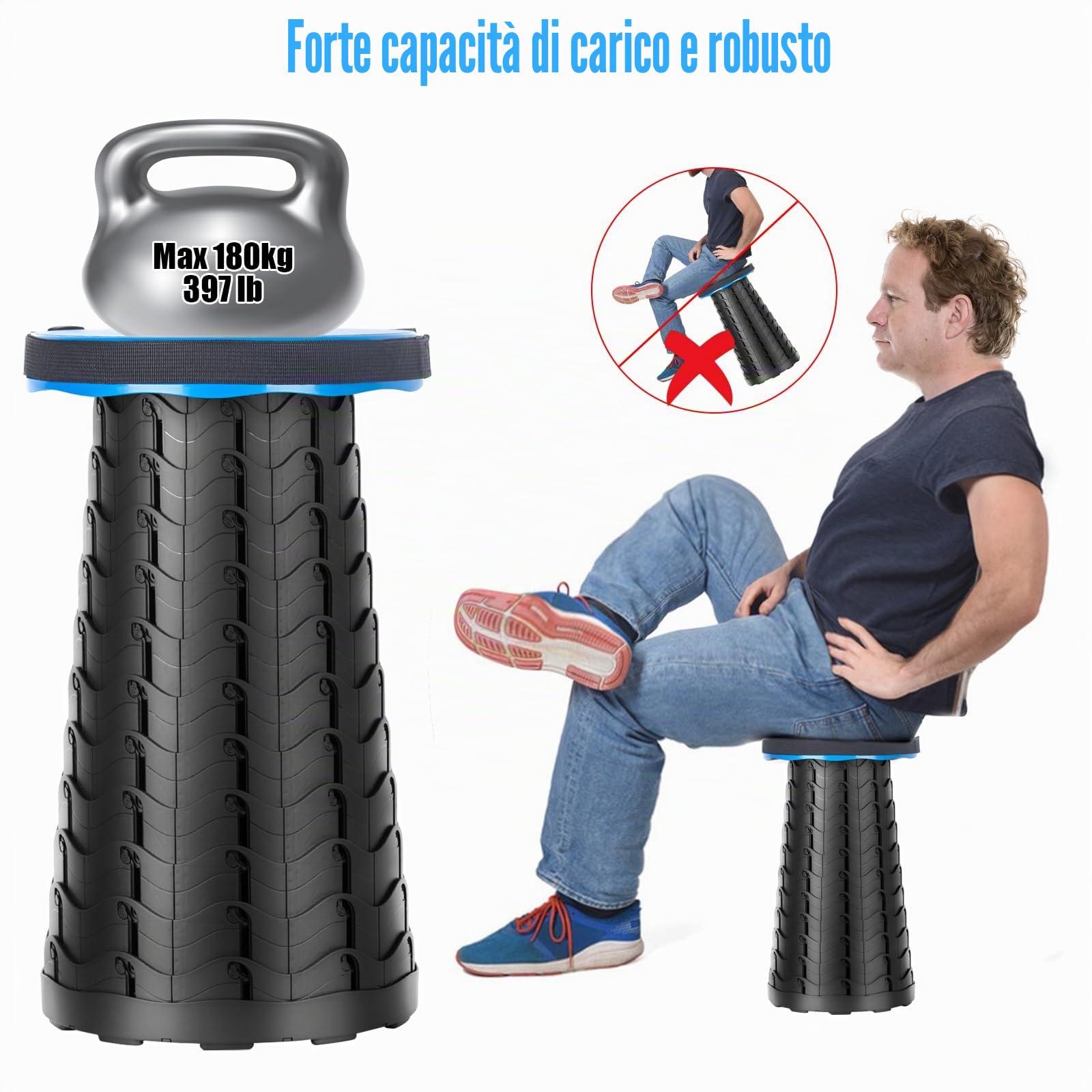 Sgabello Pieghevole Portatile, Sedia Portatile Regolabile in Altezza 6,5~45 cm, Sedie da Campeggio Telescopico per Esterni, Pesca, Barbecue, Carico Massimo 180kg /397lb