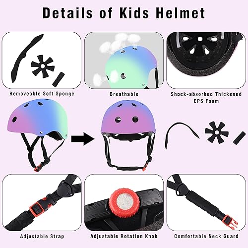 Miniatura 4 de SAITI Casco de bicicleta para niños, casco de bicicleta para niños de 3 a 14 años, equipo de protección con coderas, rodilleras y muñequeras, casco