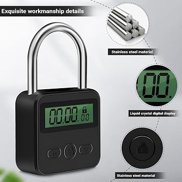 Metal Lock LCD Display Multi-Function Electronic Time 99 Hours Max Timing USB Rechargeable Padlock,Black