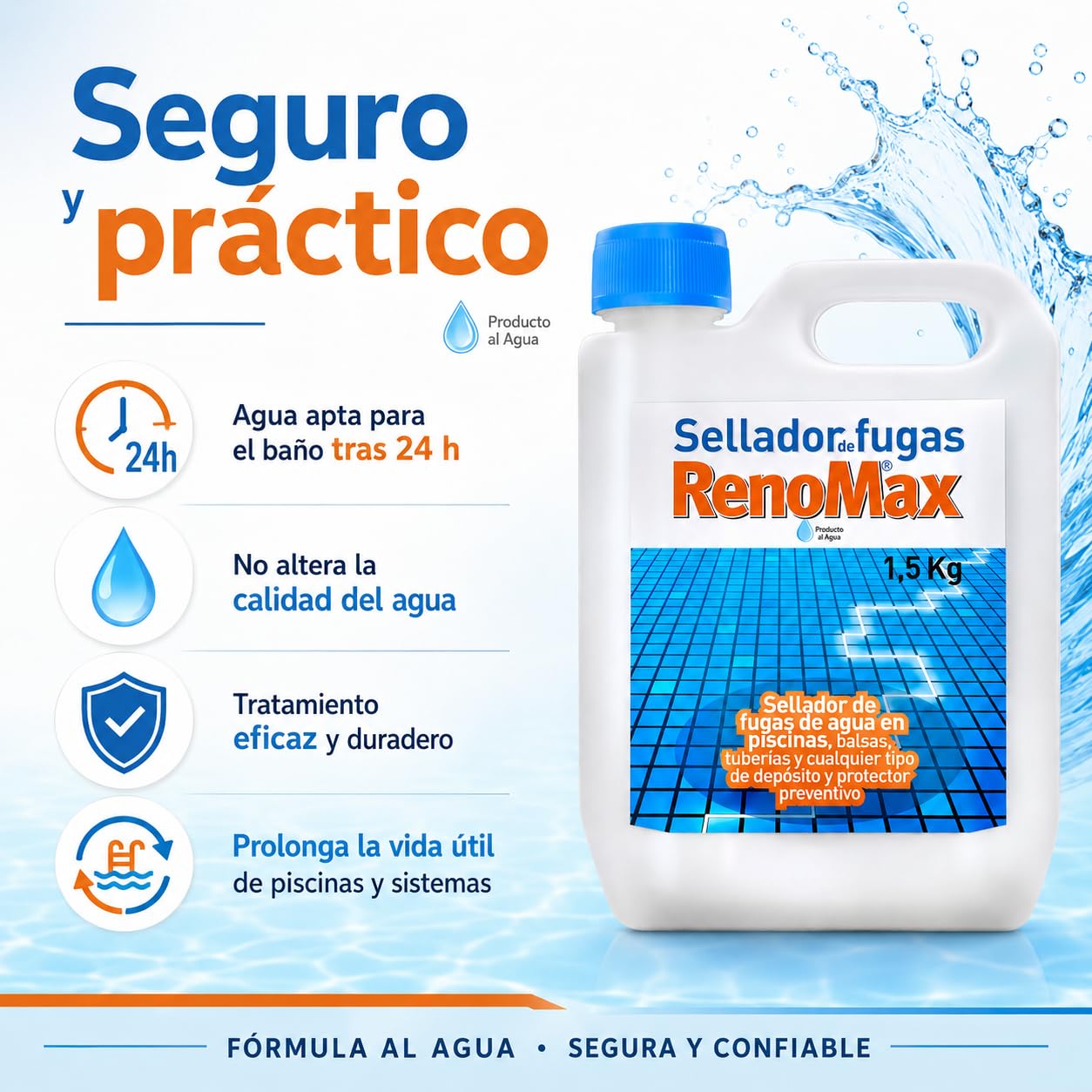 Renomax - Sellador Fugas Piscina, Balsas y Tuberías | Sellador Fugas Agua | Impermeabilizante Transparente, Reparación Rápida y Duradera | Fácil de Aplicar, Seguro y Eficaz | 1,5kg