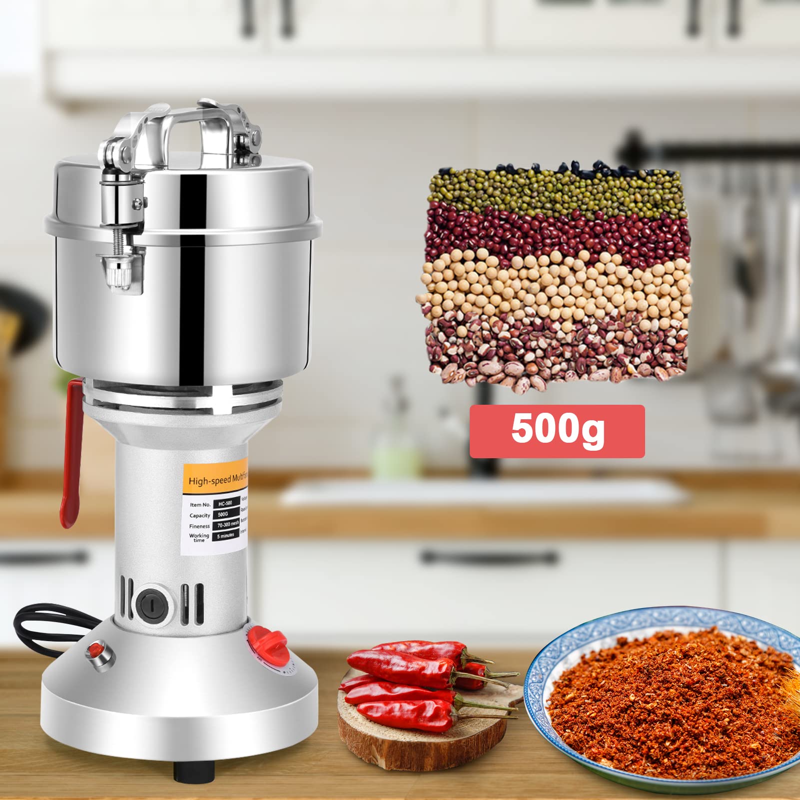 Molino de Maiz Eléctrico, Couleeur Acero Inoxidable Molienda Hierba Amoladora Molino de Harina en Polvo con Protección Sobrecarga y Función Tope Tapa Abierta para Cereal Hierba Especia Nuez (500g)