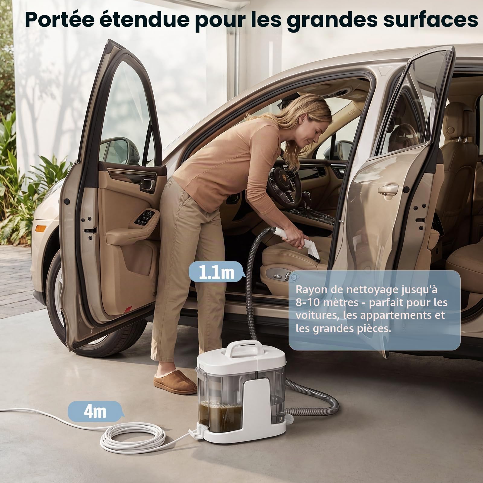 C1 600W Shampouineuse Canapé avec Fonction Autonettoyante, Aspiration 17kPa, Poils d’Animaux, Nettoyeur Tapis, Matelas, Voiture, Réservoir Double Blanc