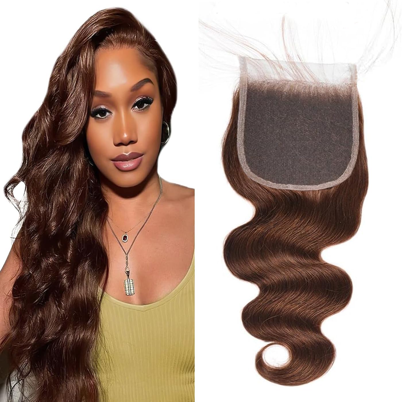 5x5 Chocolate Brown Body Wave Closure Free Part Pre Plucked With Baby Hair Brazilian Virgin Remy Human Hair Color #4 Closure 12 Inch
