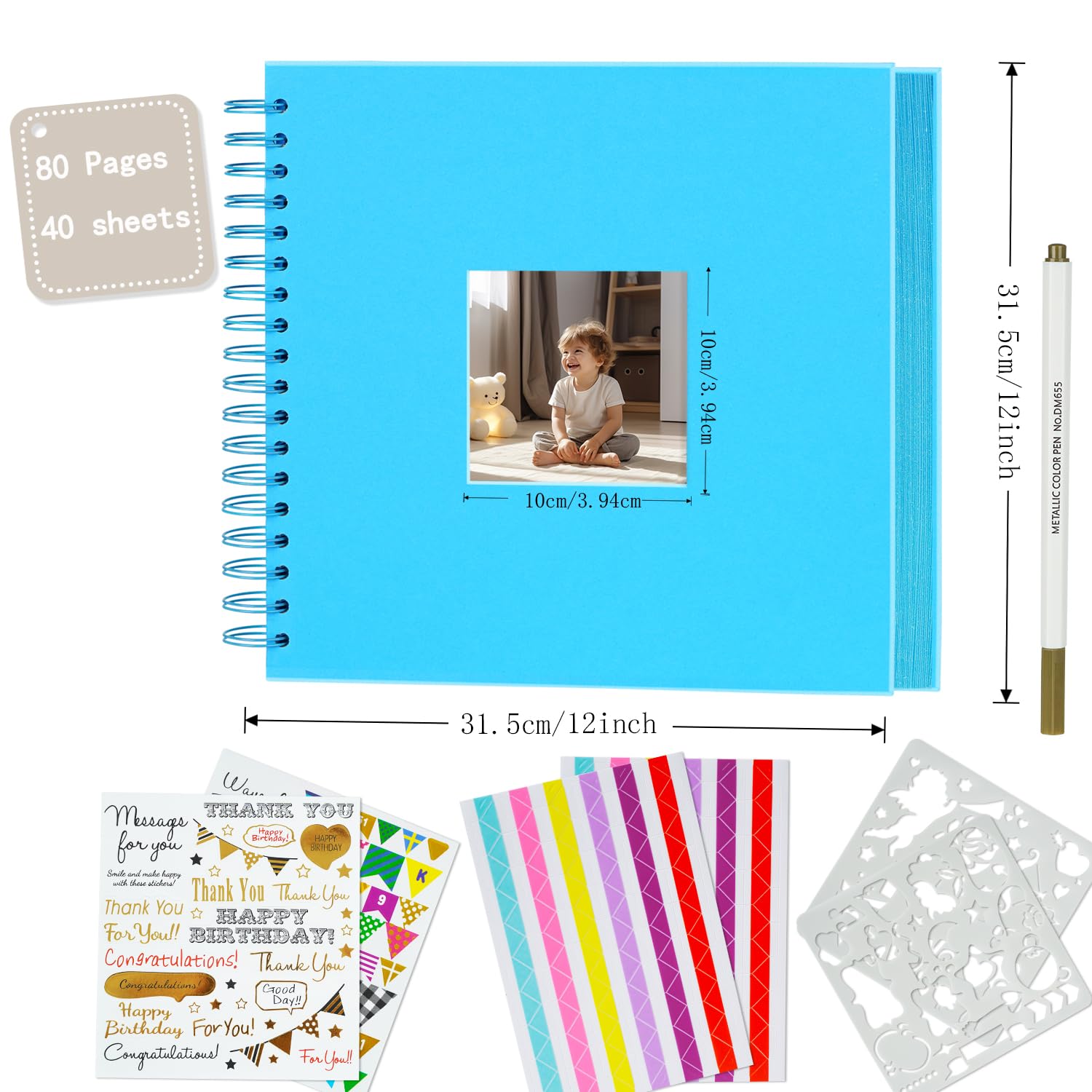 Miaikoe 31.5x31.5 cm DIY Scrapbook Album with Window Hardcover Kraft Blank Paper Scrap Book with 40 Sheets Photo Album for Guest Book Family Wedding Anniversary (Blue) - Image 4