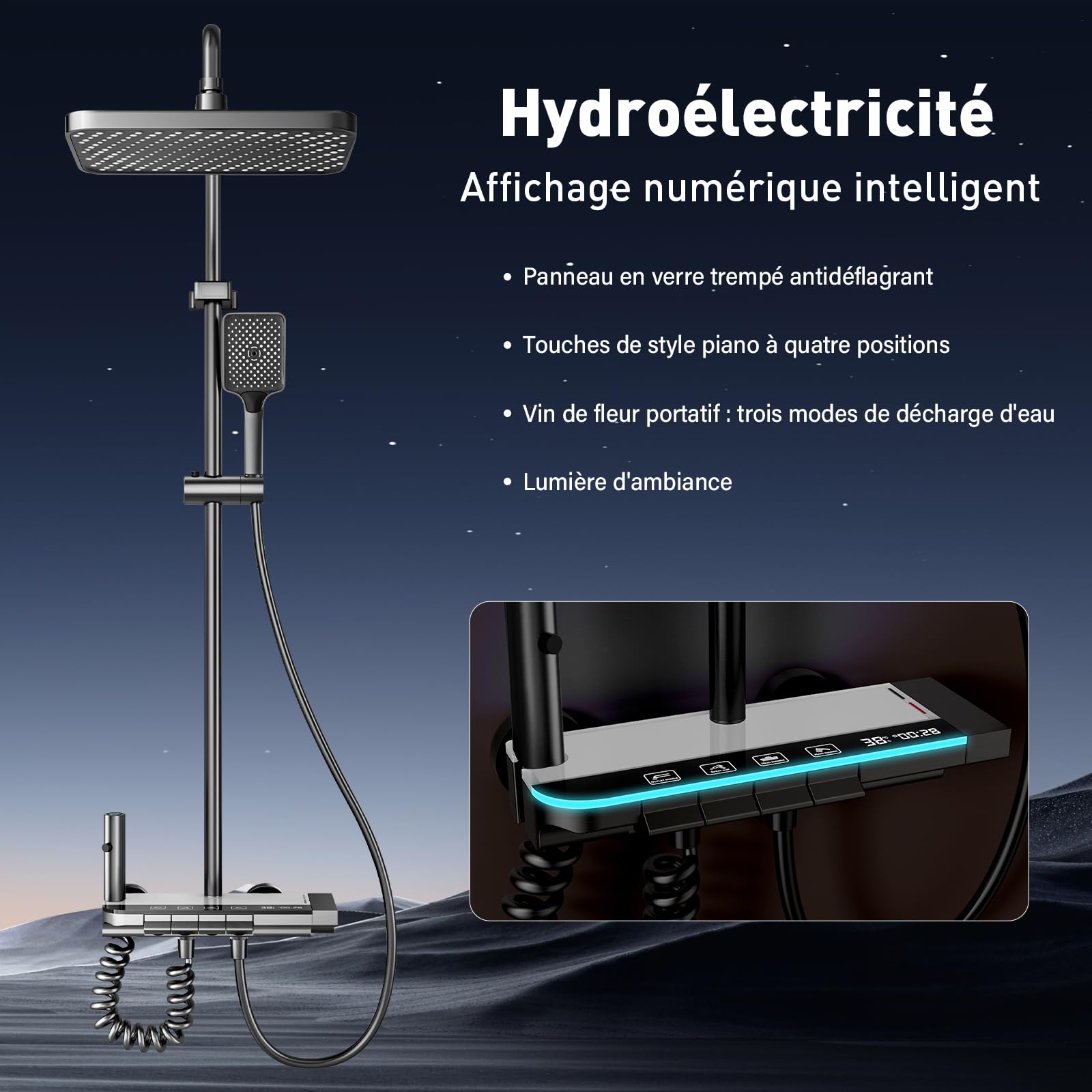 Colonne de Douche Thermostatique avec Affichage Numérique LED, Système de Douche à Effet Pluie avec Douchette à Main et Robinet en Cascade, Hauteur Réglable (Gris)