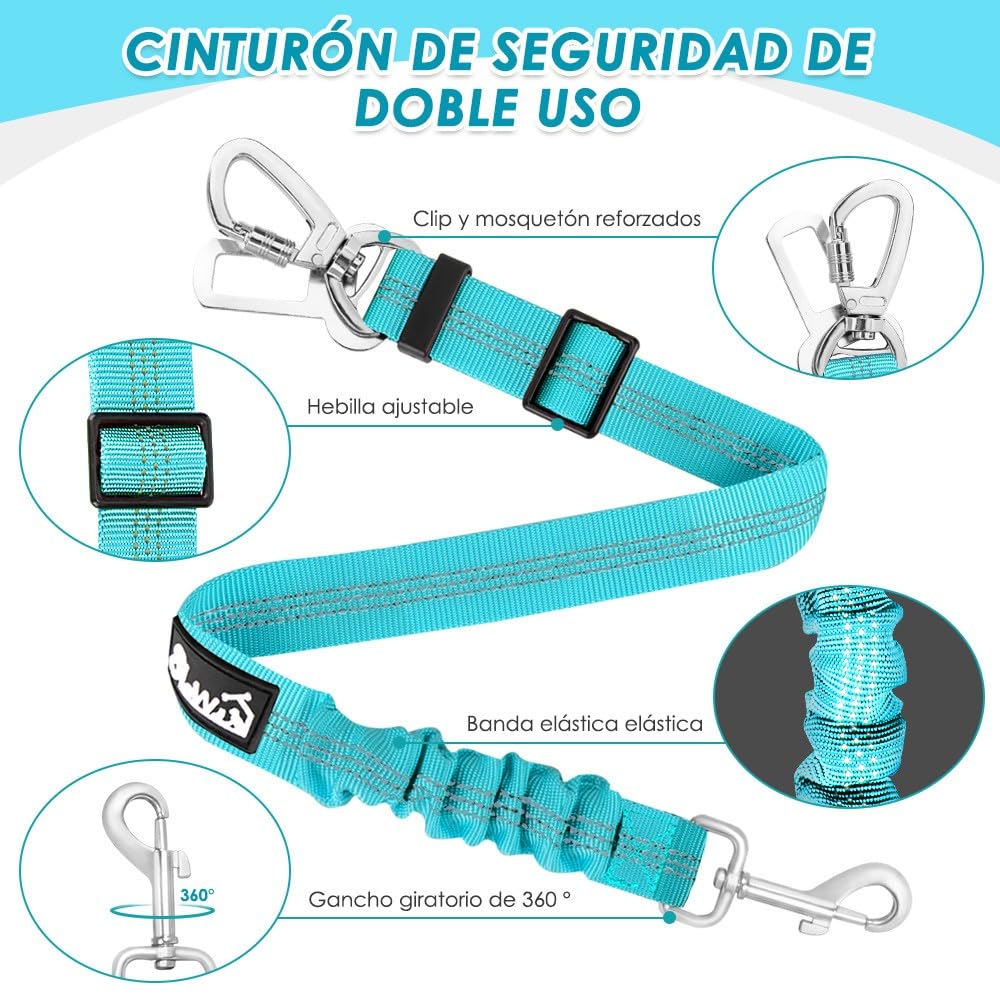 SlowTon Paquete de 2 Cinturones de Seguridad para Perros, Correa de Coche Amortiguador elástico Ajustable, Nailon de Alta Resistencia, Correa de Seguridad Reflectante para Mascotas