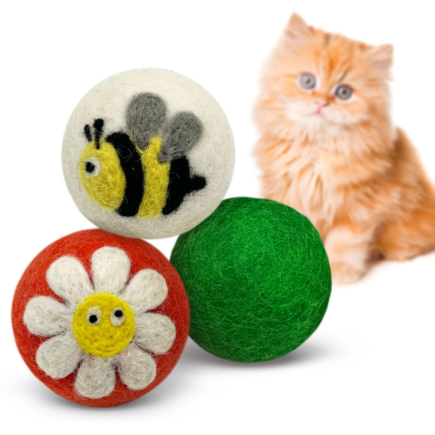 Hustle & Blush Love Ewe Felted Cat Toys 3 Pack - 2 Inch Flower & Bee Hand Made Cute & Fun Design Kitten Wool Felt Balls for Indoor Play & Exercise -