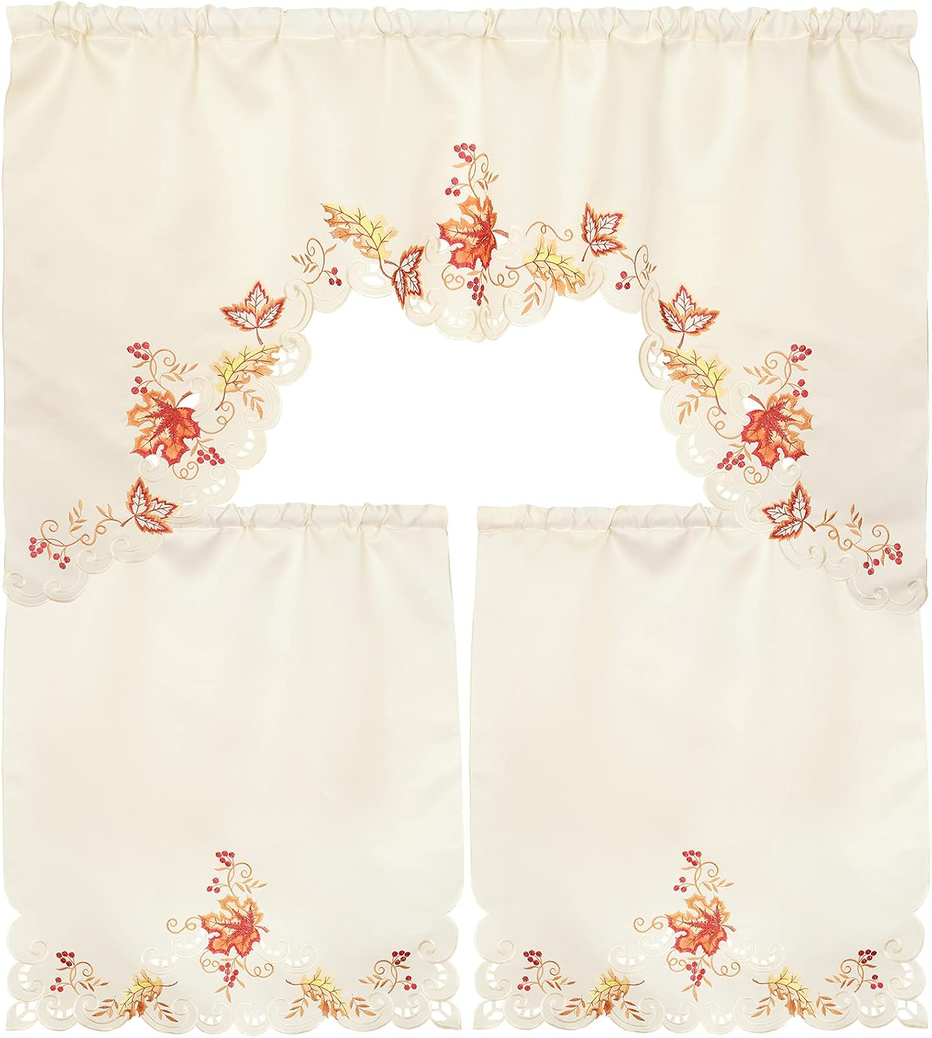 Grelucgo Embroidered Fall Autumn Thanksgiving Kitchen Window Rod Pocket Swag and Tiers Curtain Set (Pumpkins)