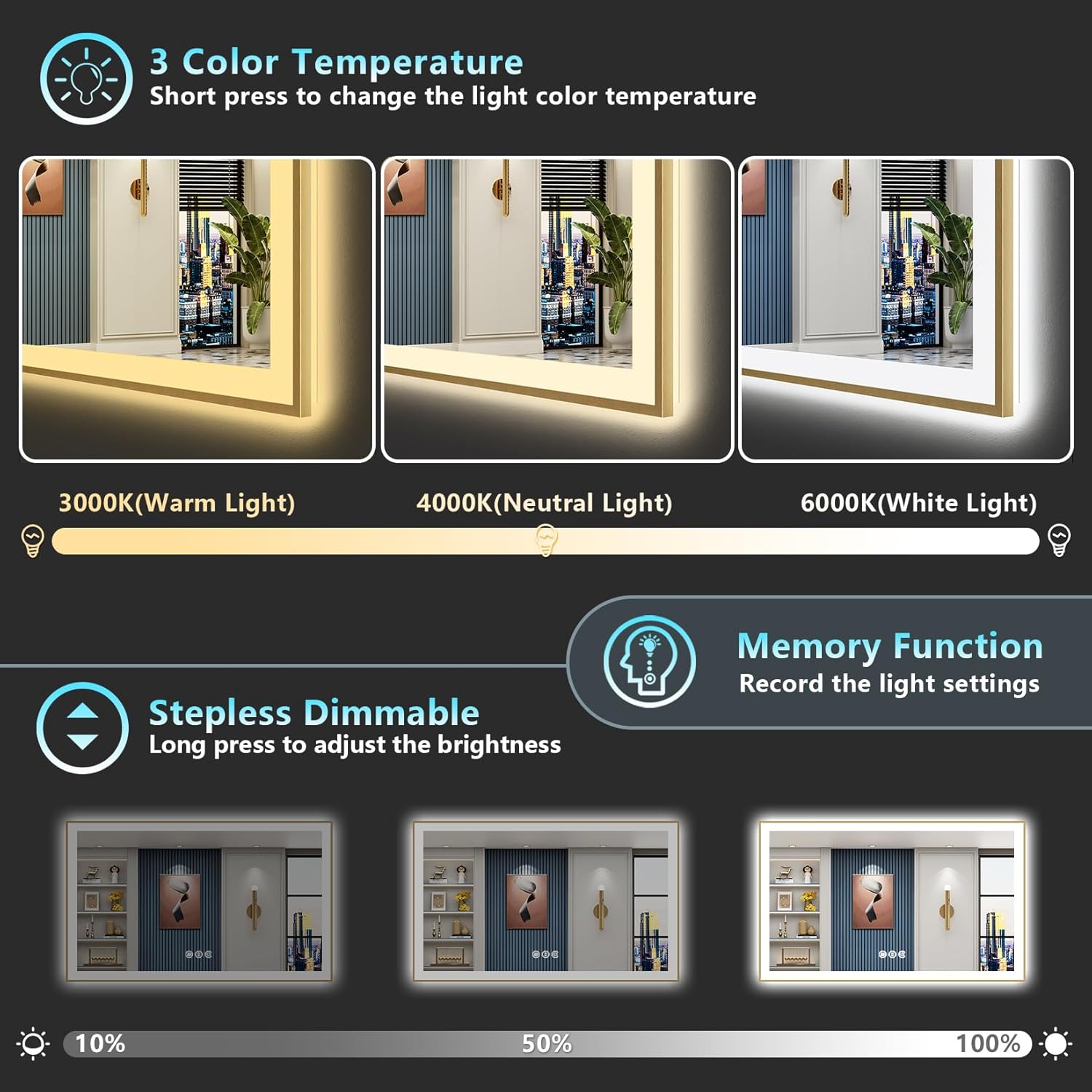 60x36 Gold LED Bathroom Mirror with Lights, Brushed Gold Framed Backlit and Front Lit Anti-Fog Lighted Vanity Mirrors for Bathroom Wall, Dimmable, 3 Colors, Memory, HD Tempered Glass, CRI＞90