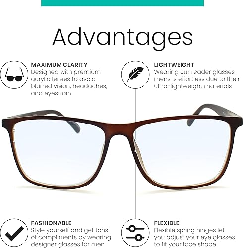 Miniatura 7 de Lentes de lectura de marco grande color marrón nogal mate para hombre para lucir modernos con alta visión, lectores resistentes y duraderos para