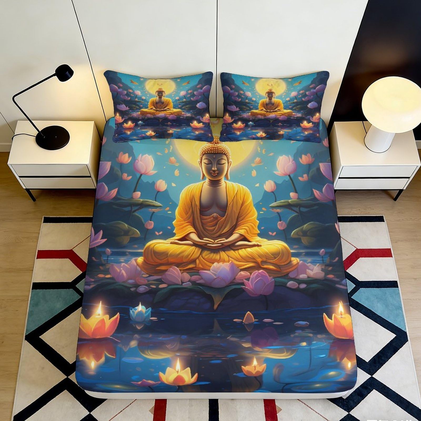 3D Printed Buddha Lotus Fitted Sheet Microfiber Soft Non-Slip Bed Cover for Bedroom Guest Room Decor Easy Care 90x200x25cm