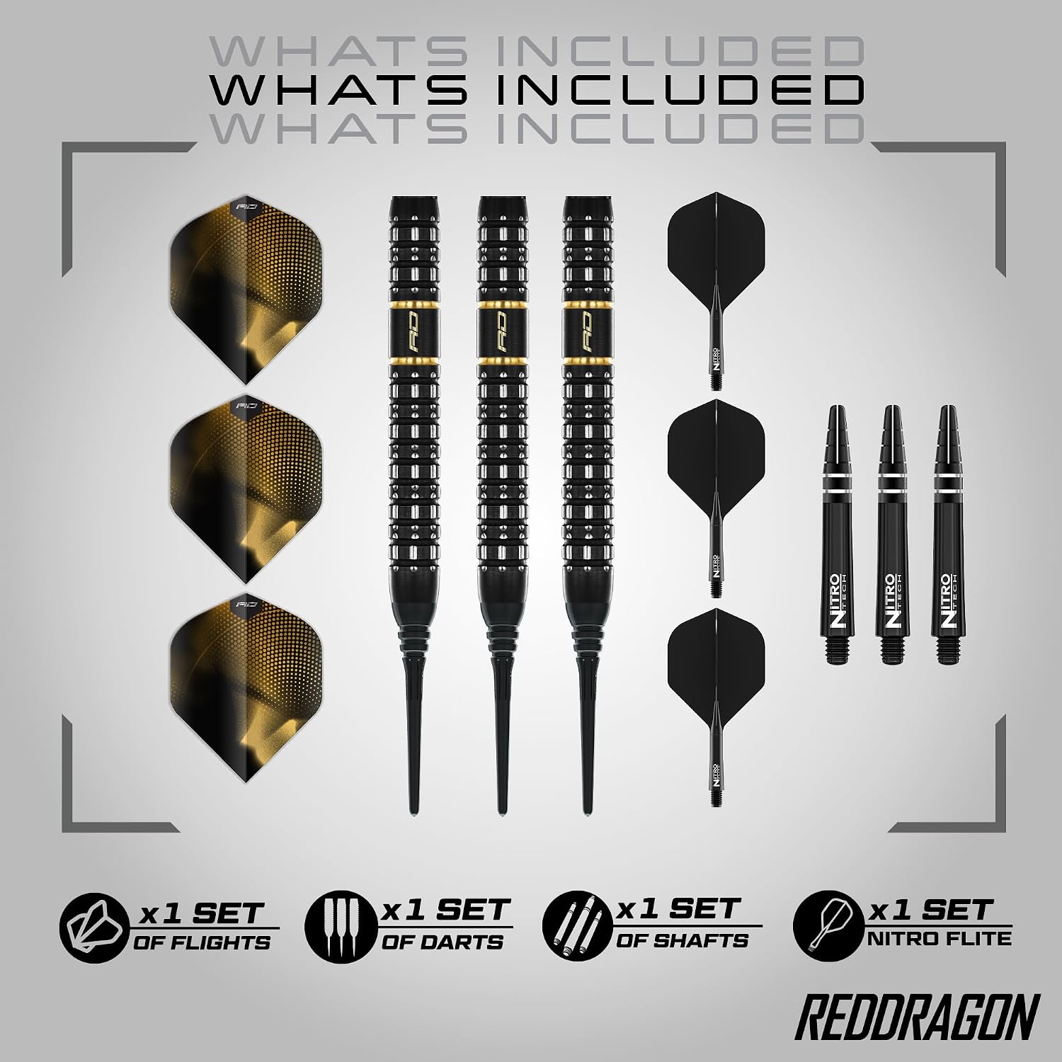 RED DRAGON Darts - Ascend Series - 18g Barrel/ 20g Full Weight Soft Tip Parallel Dart Set - 90% Professional Tungsten Darts Set - Nitro Flite Integrated Flight/Shaft, Dart Flights & Stems