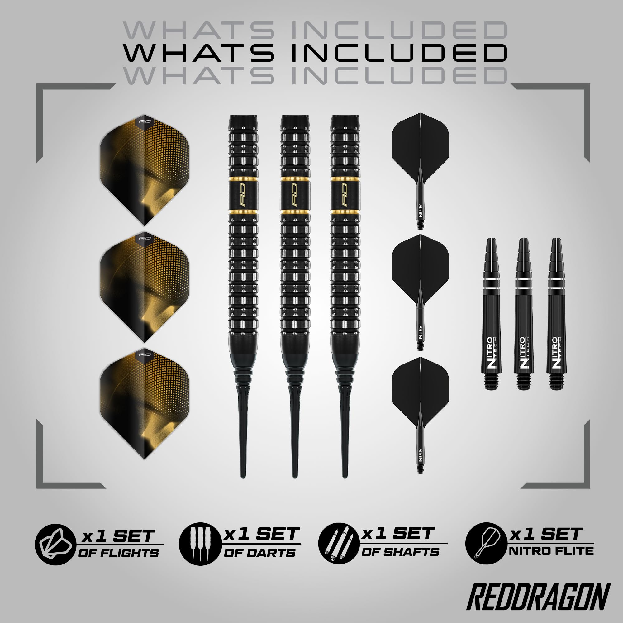 RED DRAGON Rzutki - seria Ascend - 90% zestaw rzutek wolframowych - zintegrowany lot/trzonek Nitro Flite, loty i łodygi do rzutek, różne profile beczkowe |18 g, 20 g, 22 g, 23 g, 24 g i 25 g